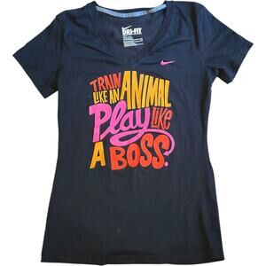 Nike Dri-FIT Slim Fit Tee Women's S Black V-Neck Train Like an Animal Boss